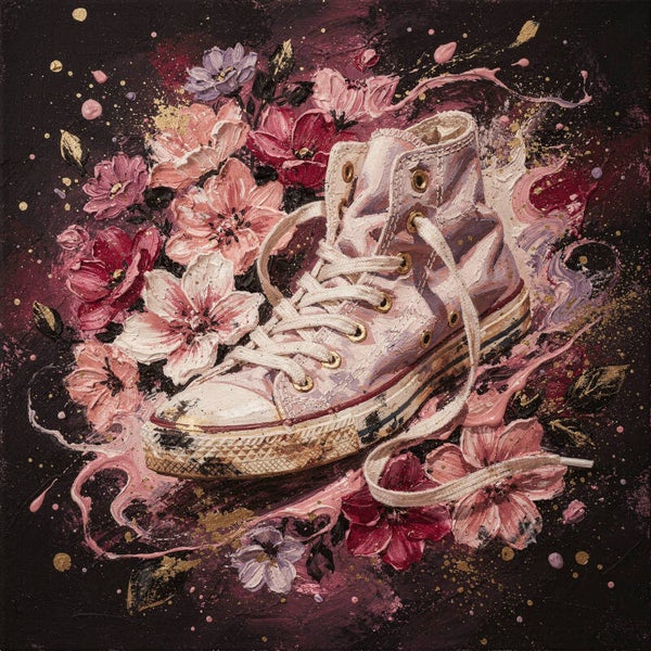 Vintage street – versleten sneaker schilderij met bloemen voor tienerkamer meidenkamer urban interieur