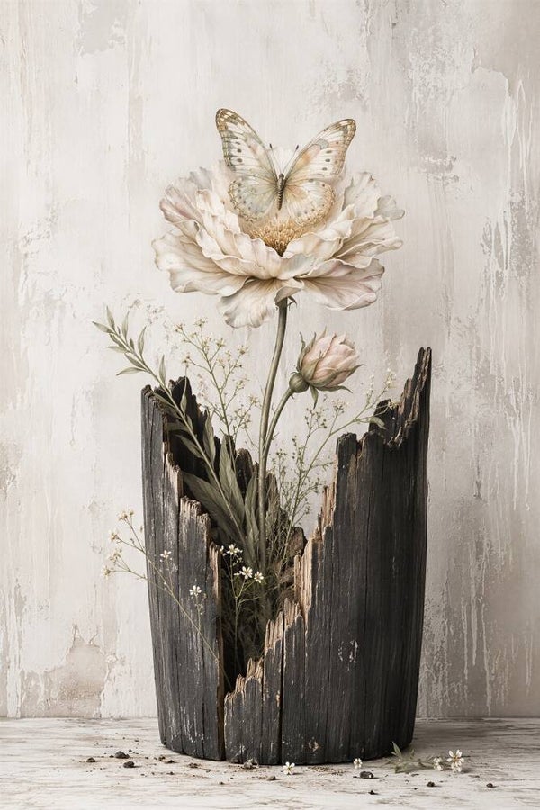 Verweerde Bloei – landelijk bloemen schilderij met vlinder