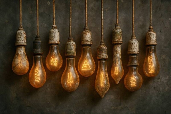 Forgotten Sparks – industrieel schilderij met verweerde gloeilampen