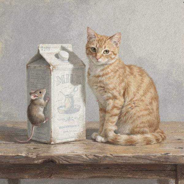 Melktijd – kat en muis bij vintage melkpak nostalgisch schilderij
