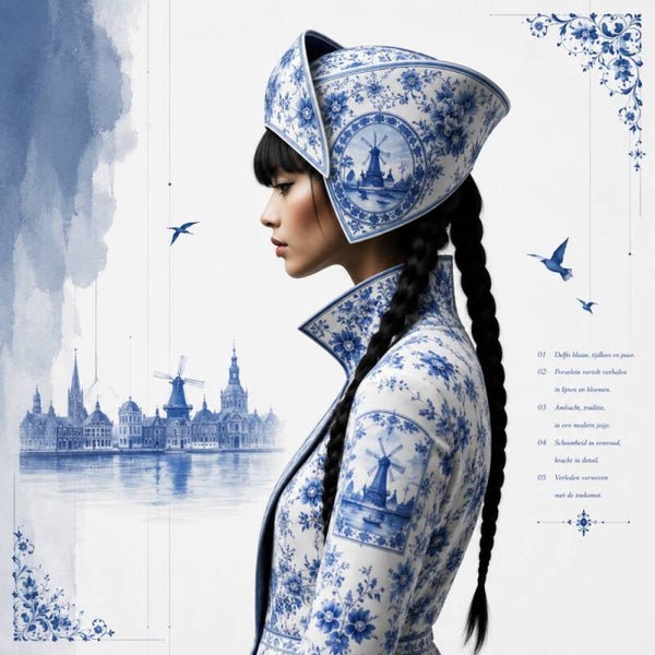 Verweven Blauw – Delfts blauw portret met Hollandse skyline