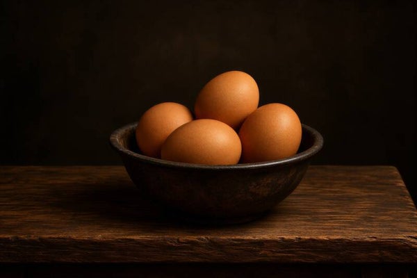 Vier op Tafel – keuken schilderij met eieren in donkere schaal