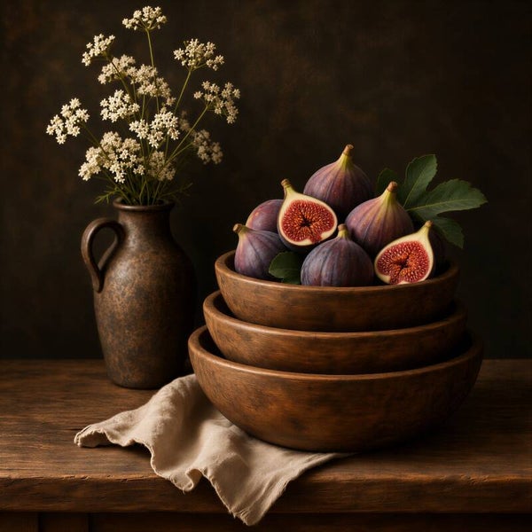 Vijgen in het Avondlicht – landelijk schilderij keuken met vijgen, houten schalen en bloemen