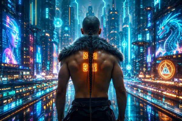 Rune Warrior – Viking in Futuristische Cyberpunk Stad Schilderij in Neon Blauw en Oranje