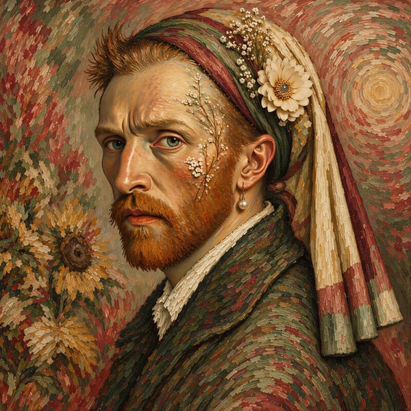 Vincent in Parellicht – Van Gogh schilderij met pareloorbel en bloemen
