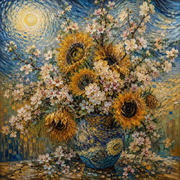 Van Gogh in Bloei - Sterrennacht met Zonnebloemen Wanddecoratie