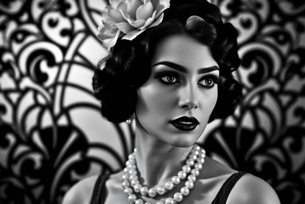 Midnight Deco Muse – retro vrouw schilderij