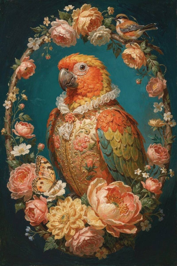 Flora en Fauna – Klassiek Papegaai Portret – Vintage Floral – Oude schildersstijl