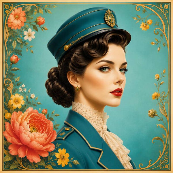 Vintage Conductor Muse – romantisch schilderij vrouw met conducteurskap en bloemen