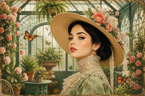 Botanical Conservatory Muse – vintage schilderij vrouw met strohoed in de kas