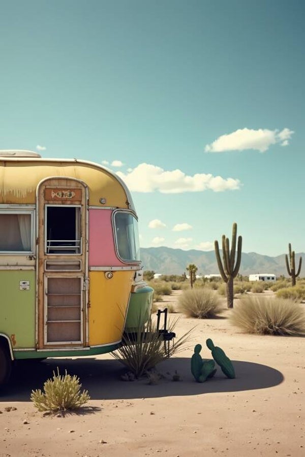 Vintage caravan in de woestijn – kleurrijke wanddecoratie met retro vibes