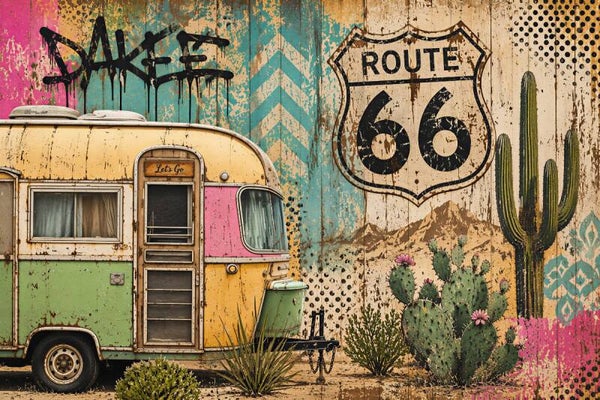 Vrij op Route 66 – retro caravan schilderij met cactussen