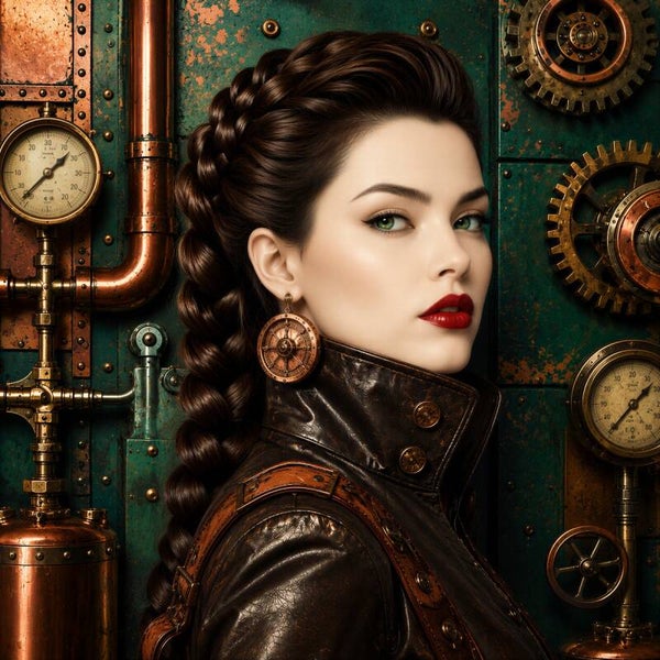 Steampunk Gear Muse – vintage industrieel schilderij vrouw met vlechten en tandwielen