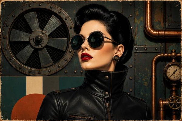 Steampunk Industrial Muse – vintage schilderij vrouw met zonnebril en koperen buizen