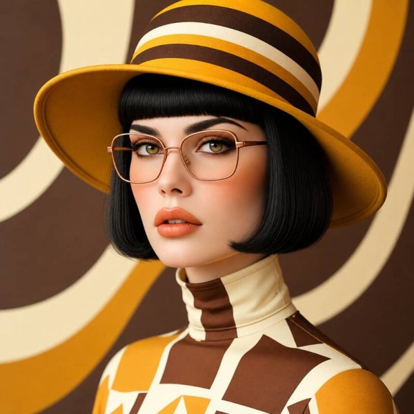 Retro Mod-Vrouw – vintage schilderij vrouw met hoed, bril en geometrische patronen