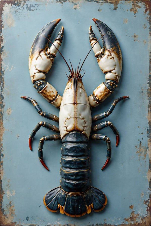 Vintage Lobster Blue – kreeft schilderij in blauw, crème en verweerd goud