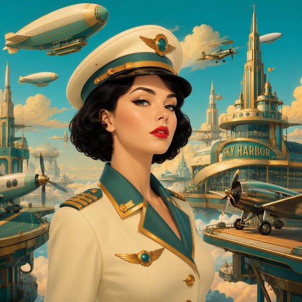 Retro Sky Harbor – vintage dieselpunk schilderij pilote in uniform bij luchthaven met zeppelins
