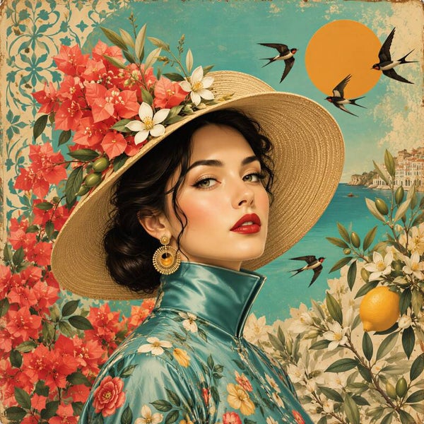 Mediterranean Straw Hat Muse – vintage schilderij mediterrane vrouw met strohoed en zwaluwen