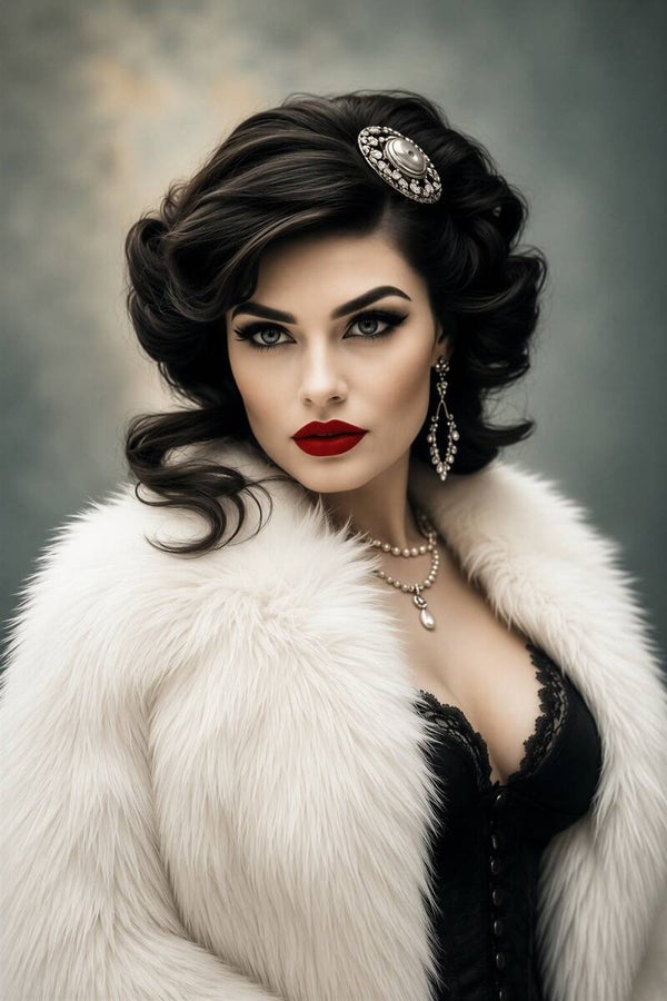 Gothic Glamour Muse – vintage schilderij vrouw met bontjas en rode lippen