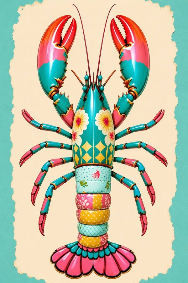 Retro Kreeft – vintage pop-art schilderij kreeft met bloemen en ruitjespatroon