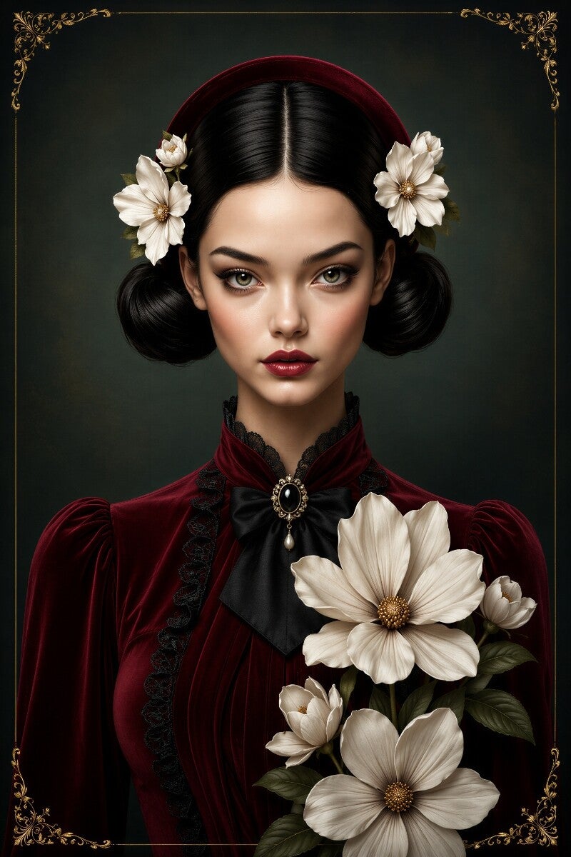 Bloomed Serenity – vintage portret schilderij vrouw met bloemen en klassieke uitstraling