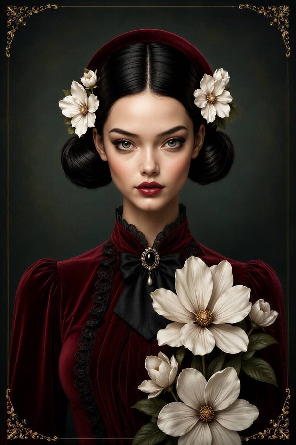 Bloomed Serenity – vintage portret schilderij vrouw met bloemen en klassieke uitstraling