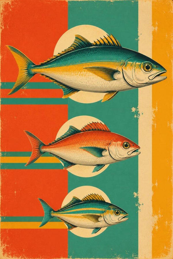 Retro Vissen Trio – vintage pop-art schilderij met drie vissen