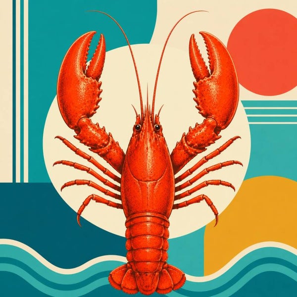 Retro Kreeft – vintage pop-art schilderij kreeft met golven en zon