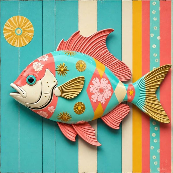 Retro Vis – vintage pop-art schilderij tropische vis met bloemen en retro strepen