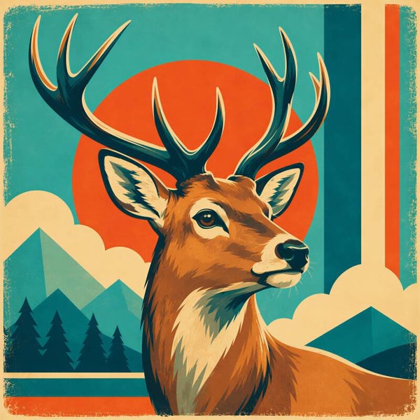 Retro Hert – vintage pop-art schilderij hert met gewei, bergen en zon