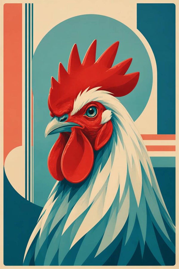 Retro Rooster Harmony – vintage pop-art schilderij haan met geometrische bogen