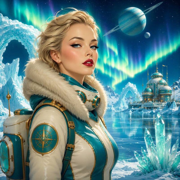 Retro Aurora Explorer – vintage sci-fi schilderij astronaut met noorderlicht en ijskoepels