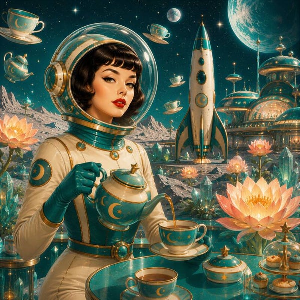 Retro Space High Tea – vintage sci-fi schilderij astronaut met theeservies en raket