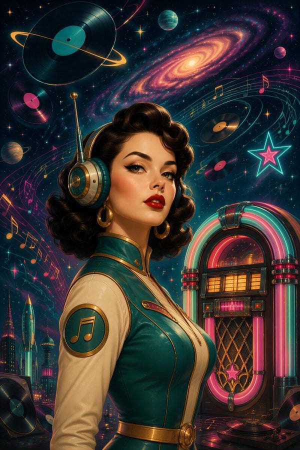 Retro Cosmic Jukebox Muse – vintage sci-fi schilderij vrouw met hoofdtelefoon en jukebox