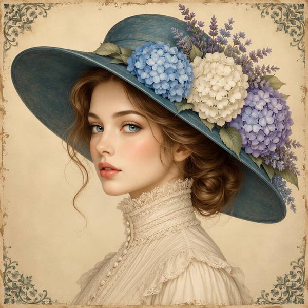 Vintage Hydrangea Muse – romantisch schilderij vrouw met blauwe hoed, hortensia en lavendel