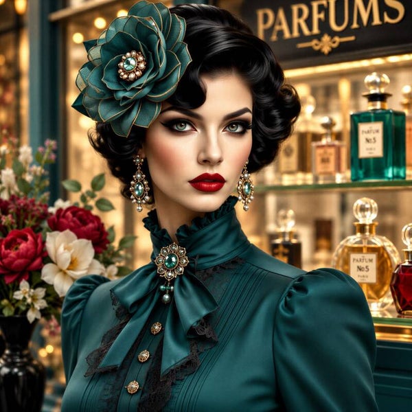 Emerald Parfum Muse – vintage schilderij vrouw met parfum en bloemen
