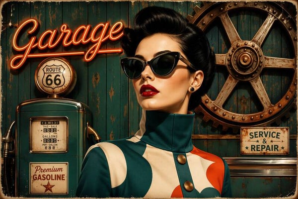 Retro Garage Dame met Zonnebril – vintage schilderij route 66 stijl