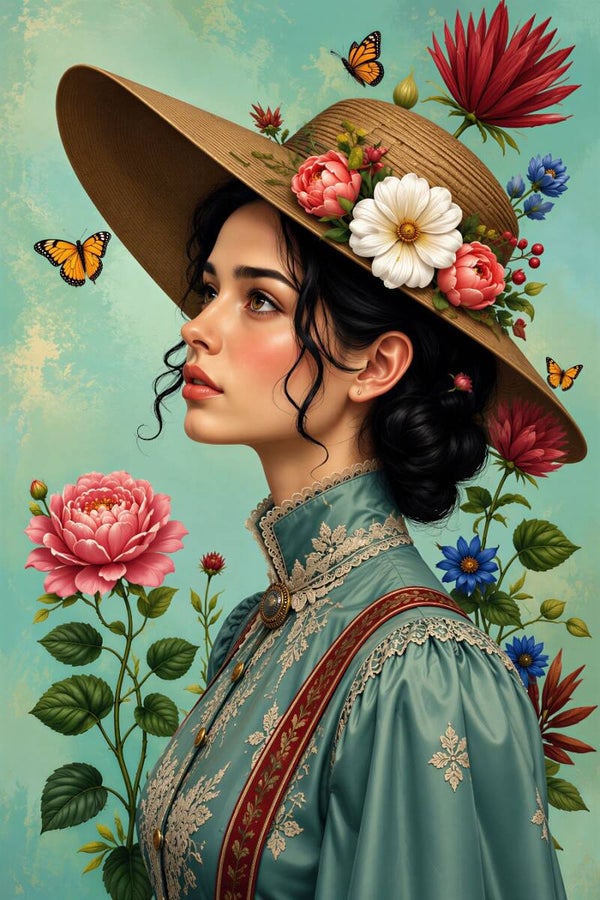 Vintage Bloemen Dame – romantisch portret schilderij met hoed en vlinders
