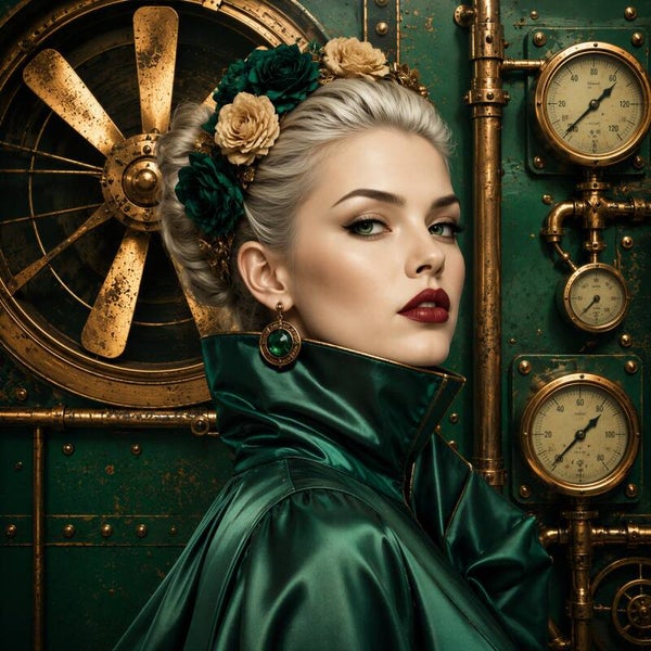 Elegante Dame met Industriële Achtergrond – vintage schilderij vrouw groen goud