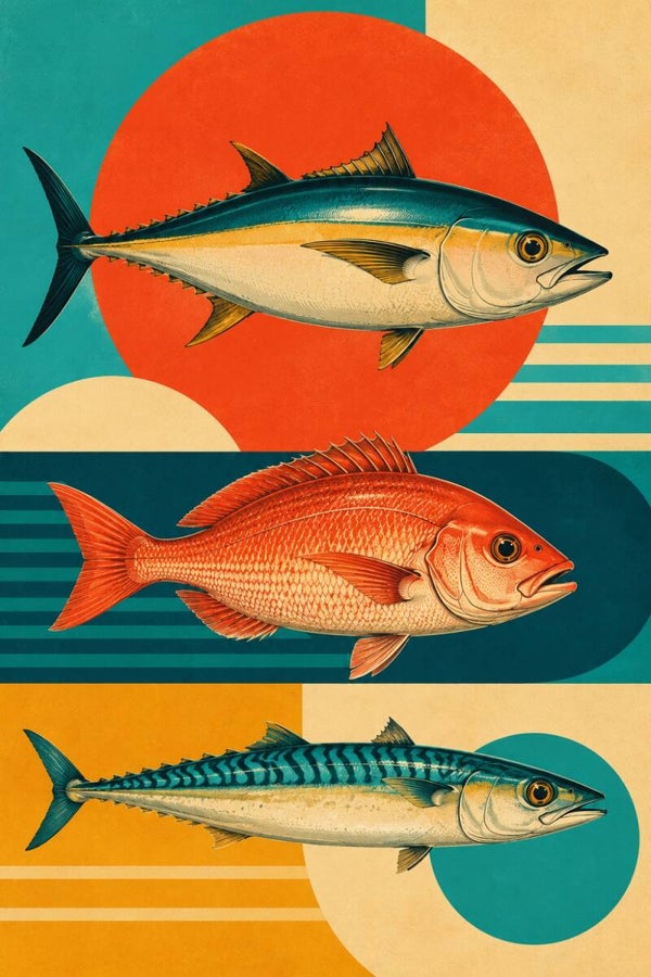 Retro Oceanen Trio – vintage pop-art schilderij met drie vissen