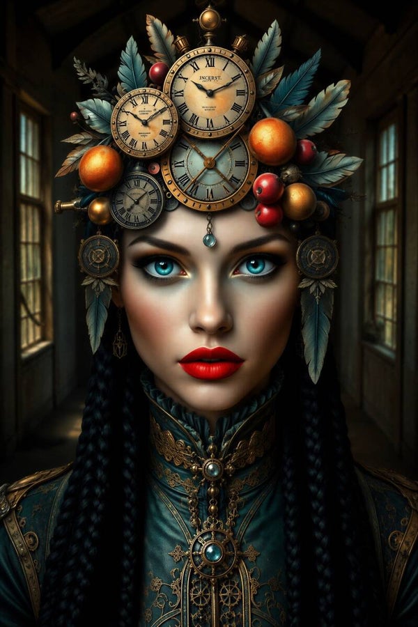 Royal Timekeeper – vintage schilderij vrouw met klokken en goud