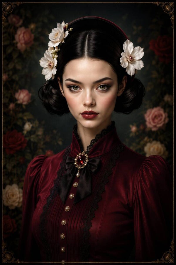 Victoriaanse Dame met Rode Jurk – vintage schilderij klassiek portret bloemen