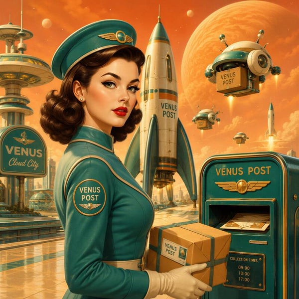 Retro Venus Post Muse – vintage sci-fi schilderij vrouw met uniform en postpakket op Venus