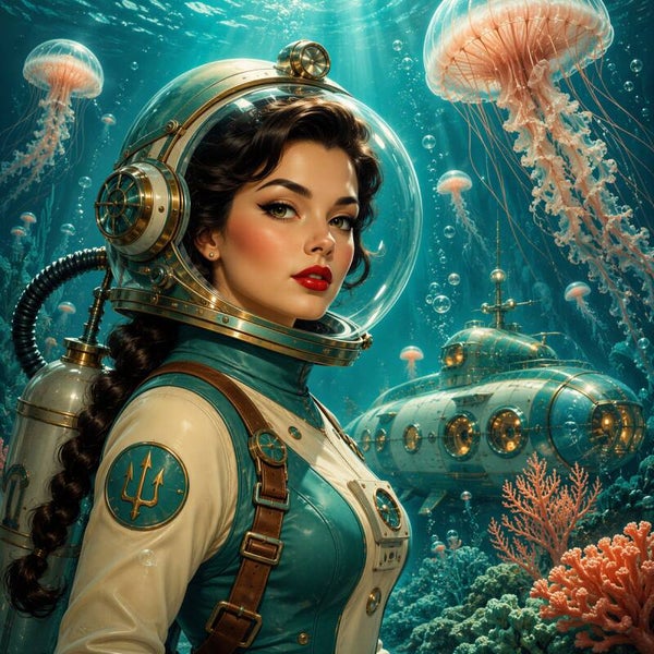 Retro Deep Sea Muse – vintage steampunk schilderij duikster onder water met onderzeeboot