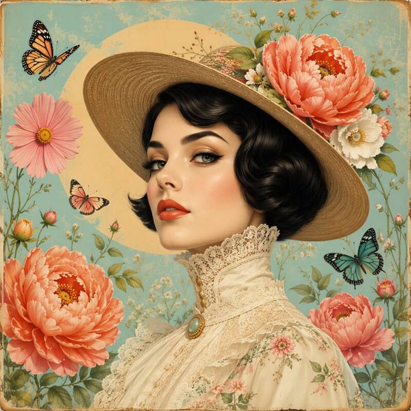 Bloomed Elegance – vintage vrouw schilderij met bloemen en vlinders romantische stijl