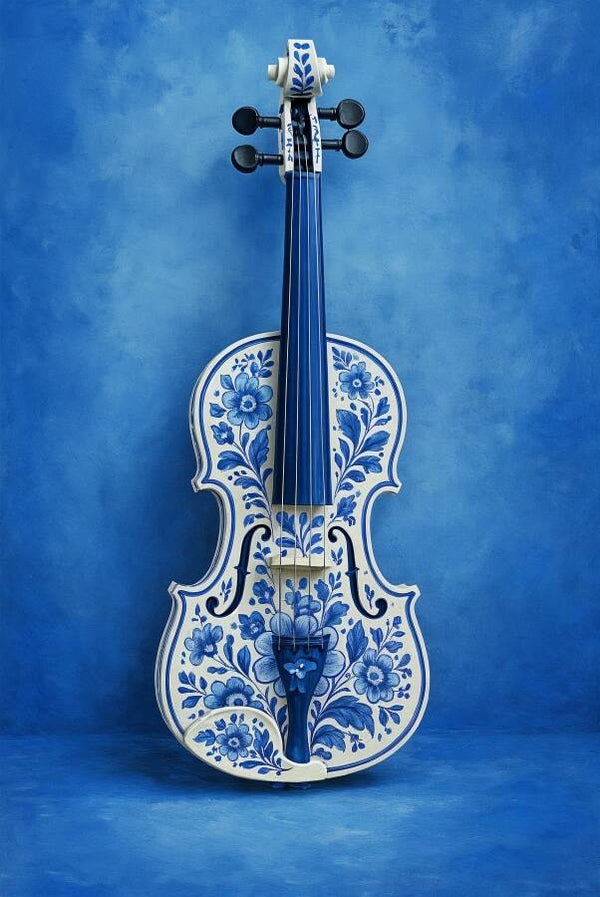 Viool schilderij met Delfts blauw motief