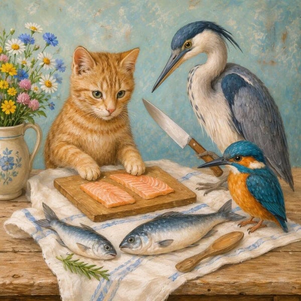 Vis op het Menu – schilderij met kitten, reiger, ijsvogel en verse vis