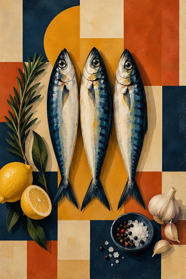 Mediterranean Catch – modern visschilderij met drie vissen, citroen en kruiden