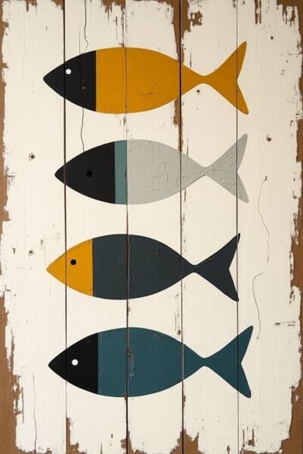 Coastal Fish Row – kleurrijk vis schilderij