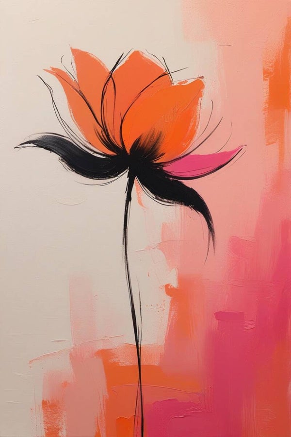 Vlamlicht – abstract bloemenschilderij in oranje, roze en zwart